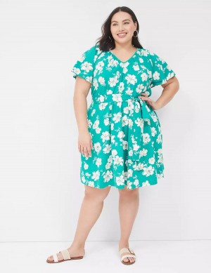 Women Lane Bryant Flutter-Sleeve Tie-Waist Casual Dress Turquoise | NNQ4770AY