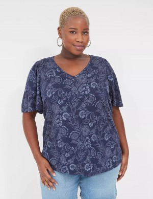 Women Lane Bryant Flutter-Sleeve V-Neck Top T Shirts Navy | ETN5111NG