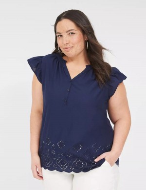 Women Lane Bryant Flutter-Sleeve Woven-Front Knit Top T Shirts Blue | LRB9766ZJ