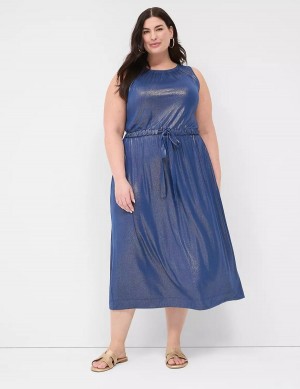 Women Lane Bryant Foil Shimmer Tie-Waist Midi Dress Dark Blue | QNO451LC