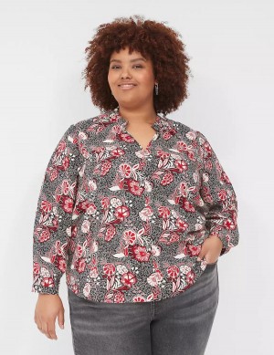 Women Lane Bryant Gathered Ruffle V-Neck Popover Shirts Red Black | JFS1745OM