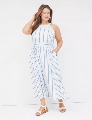 Women Lane Bryant Halter-Neck Maxi Dress White Blue | DWP4030TM