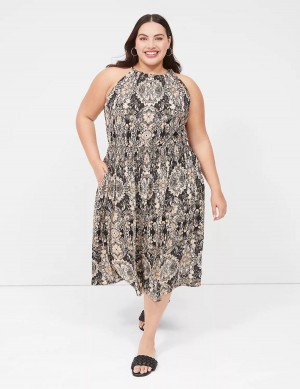 Women Lane Bryant Halter-Neck Smocked-Waist Jersey Midi Dress Black Multicolor | KMR3212DB