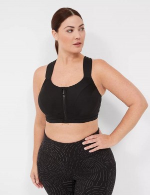 Women Lane Bryant LIVI Max Support Comfort Zip-Front Sports Bra Black | OID3150RX