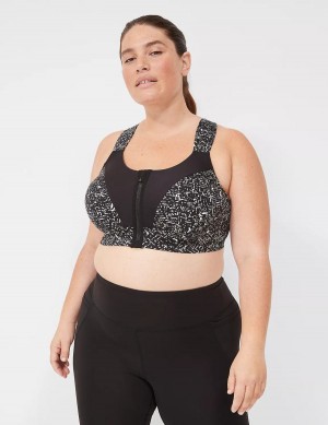 Women Lane Bryant LIVI Max Support Comfort Zip-Front Sports Bra Black | AAD4456TZ