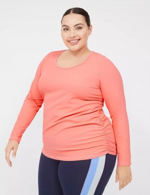 Women Lane Bryant LIVI Scoop-Neck Ruched Wicking Rib Top T Shirts Coral | PFI7122FM