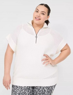 Women Lane Bryant LIVI Short-Sleeve Half-Zip Mesh Sweaters White | MCV6015DX