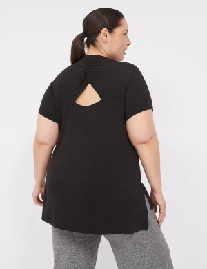Women Lane Bryant LIVI V-Neck Ruched-Back Tee T Shirts Black | ZJL8843XB