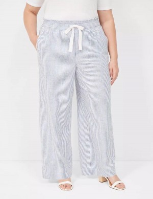 Women Lane Bryant Linen Stripe Wide Leg Pants Blue Stripes | RGO1623UM