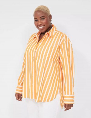 Women Lane Bryant Long-Sleeve Button-Down Boyfriend Shirts Orange Stripes | ZIP6240ZT