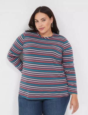 Women Lane Bryant Long-Sleeve Crew-Neck Tee T Shirts Navy Multicolor Stripes | KZH5132YJ