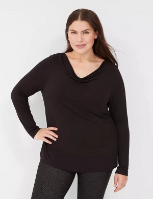 Women Lane Bryant Long-Sleeve Drape-Neck Top T Shirts Black | CST8841JC