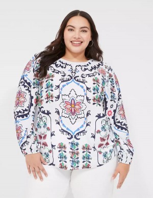 Women Lane Bryant Long-Sleeve Peasant Blouse White Multicolor | AJP104OR