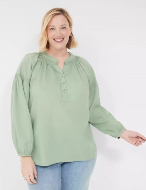 Women Lane Bryant Long-Sleeve Split-Neck Popover Shirts Light Green | MKJ7550JM