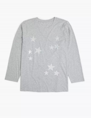 Women Lane Bryant Long-Sleeve Stars Graphic Tee T Shirts Grey | QGJ4644AZ