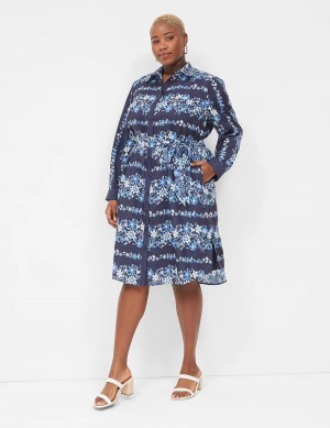 Women Lane Bryant Long-Sleeveed Midi Shirt Dress Dark Blue | EYS8047UU