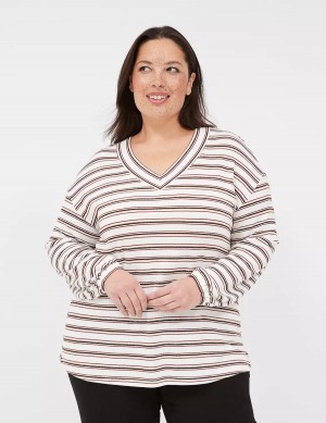 Women Lane Bryant Lurex Blouson-Sleeve V-Neck Tunic T Shirts White Black Stripes | GCJ1344VI