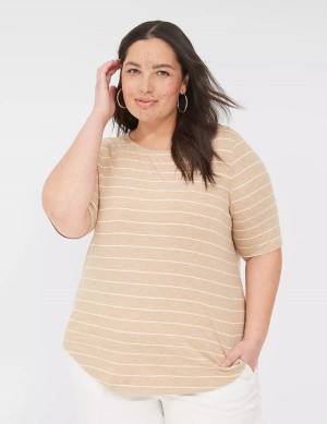 Women Lane Bryant Lurex Perfect Sleeve Crew-Neck Tee T Shirts Brown Stripes | PYC5159IE