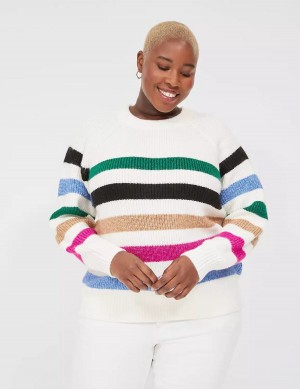 Women Lane Bryant Lurex Stripe Crew-Neck Sweaters White Stripes | XLU185SC