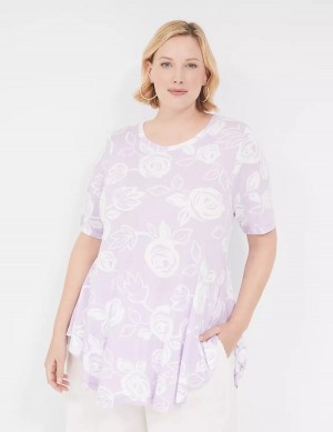 Women Lane Bryant Max Swing Perfect Sleeve Crew-Neck Tee T Shirts White Purple | BZV8913GJ