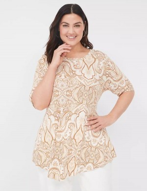 Women Lane Bryant Max Swing Perfect Sleeve Crew-Neck Tee T Shirts Beige White | ROA6577QC