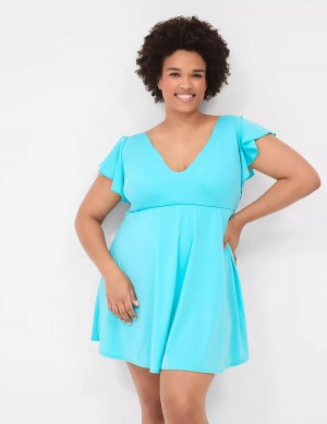 Women Lane Bryant No-Wire Flutter-Sleeve Swim Dress Blue | WPH8361KZ