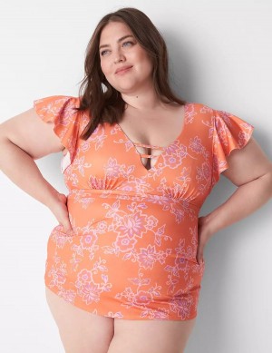 Women Lane Bryant No-Wire Flutter-Sleeve Swim Tankini Bikini Top Pink | IAN866LR