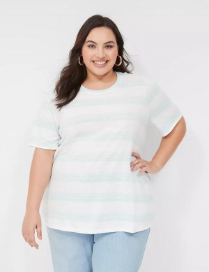 Women Lane Bryant Perfect Sleeve Crew-Neck Tee T Shirts Green White | BMP2180QT