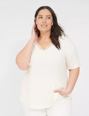 Women Lane Bryant Perfect Sleeve V-Neck Trim-Detail Tee T Shirts White | PIR6619OM