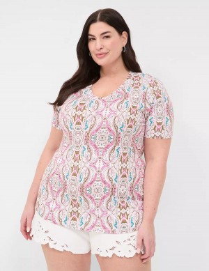 Women Lane Bryant Perfect Sleeve V-Neck Tee T Shirts Pink | MKB4352DJ