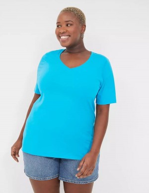 Women Lane Bryant Perfect Sleeve V-Neck Tee T Shirts Blue | XAZ9010XM