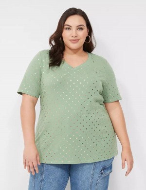 Women Lane Bryant Perfect Sleeve V-Neck Tee T Shirts Green | TER4529CR