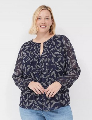 Women Lane Bryant Pin-Tuck Crew-Neck Blouse Navy | BRU5689DM