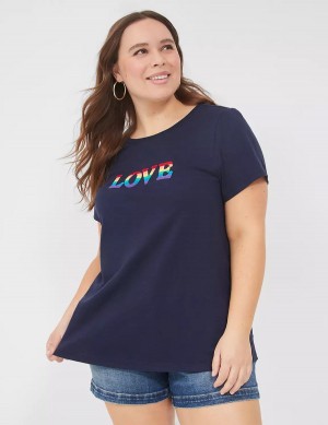 Women Lane Bryant Pride Embroidered Rainbow Love Graphic Tee T Shirts Blue | QTJ4730WF