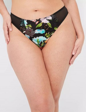 Women Lane Bryant Printed Lace-Trim Thong Panty Black | DOG4163XA