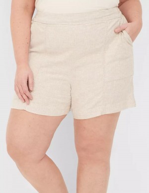 Women Lane Bryant Pull-On Linen Stripe Shorts Beige Stripes | NBZ8599UZ