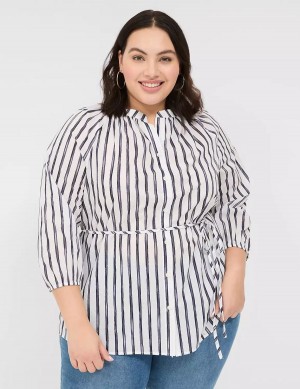 Women Lane Bryant Relaxed 3/4-Sleeve Button-Front Tunic Shirts Navy Stripes | LRF6013EB