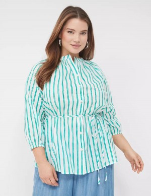 Women Lane Bryant Relaxed 3/4-Sleeve Button-Front Tunic Shirts Green Stripes | IVC8188XL