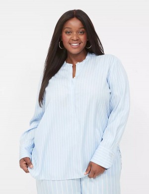 Women Lane Bryant Relaxed Collar Button-Down Shirts Light Blue Stripes | NKY6193QR