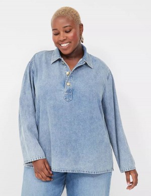 Women Lane Bryant Relaxed Collared Denim Popover Shirts Light Blue | ZBP1084LV