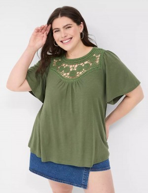 Women Lane Bryant Relaxed Crochet Crew-Neck Top T Shirts Brown Green | RNT8472SB
