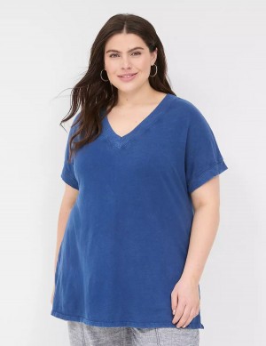 Women Lane Bryant Relaxed Easy V-Neck Tunic T Shirts Dark Blue | EXU587WT