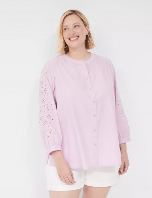 Women Lane Bryant Relaxed Eyelet-Sleeve Button-Front Blouse Purple | XVE3499QI
