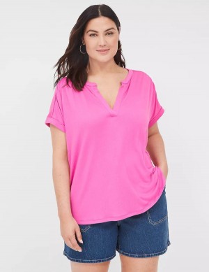 Women Lane Bryant Relaxed Gauze Notch-Neck Shirts Pink | XFE3039ML