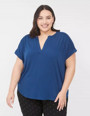 Women Lane Bryant Relaxed Gauze Notch-Neck Shirts Dark Blue | OBF5194JC