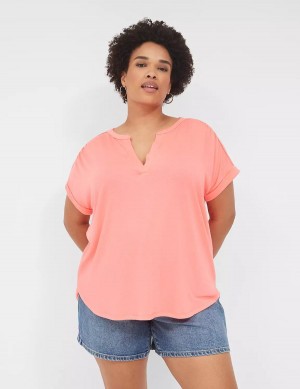 Women Lane Bryant Relaxed Gauze Notch-Neck Shirts Coral | XPH6161KX