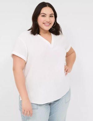 Women Lane Bryant Relaxed Gauze V-Neck Popover Shirts White | ZFC887RO