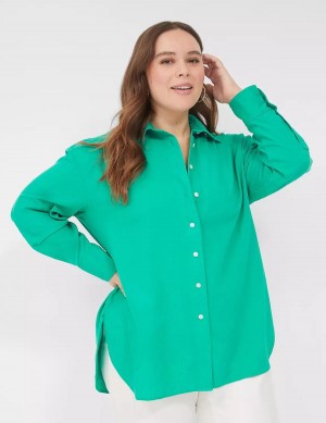 Women Lane Bryant Relaxed Linen Button-Down Shirts Turquoise | HQH7838MT
