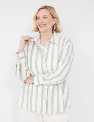 Women Lane Bryant Relaxed Linen Button-Down Shirts Olive Stripes | NTL701HZ
