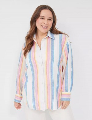 Women Lane Bryant Relaxed Linen Button-Down Shirts White Multicolor Stripes | UMJ353MC